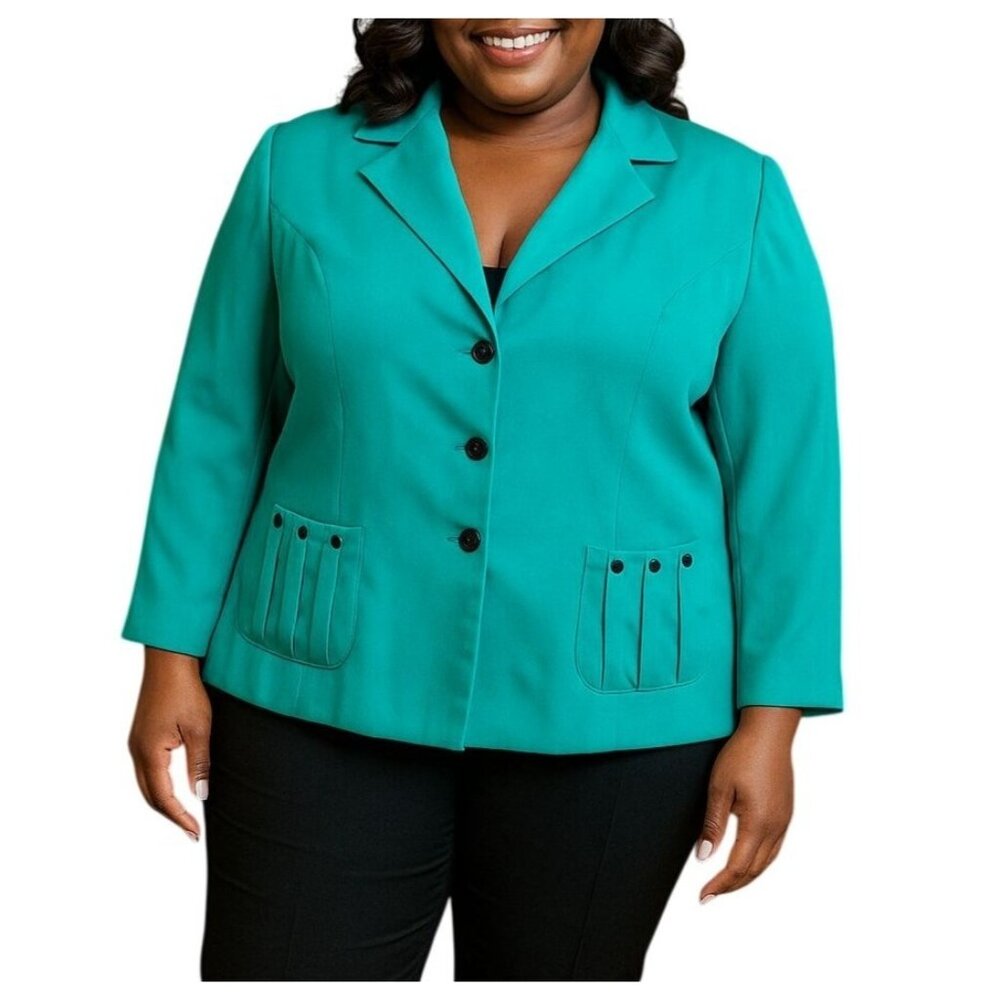 Sweet Suit Size 18W Blazer Button-Down Shoulder Pads Jacket Teal Stylish Classic